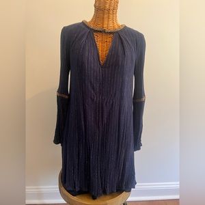 Chelsea and Violet dress, navy, gold pin stripes and gold beaded neck , sleeve